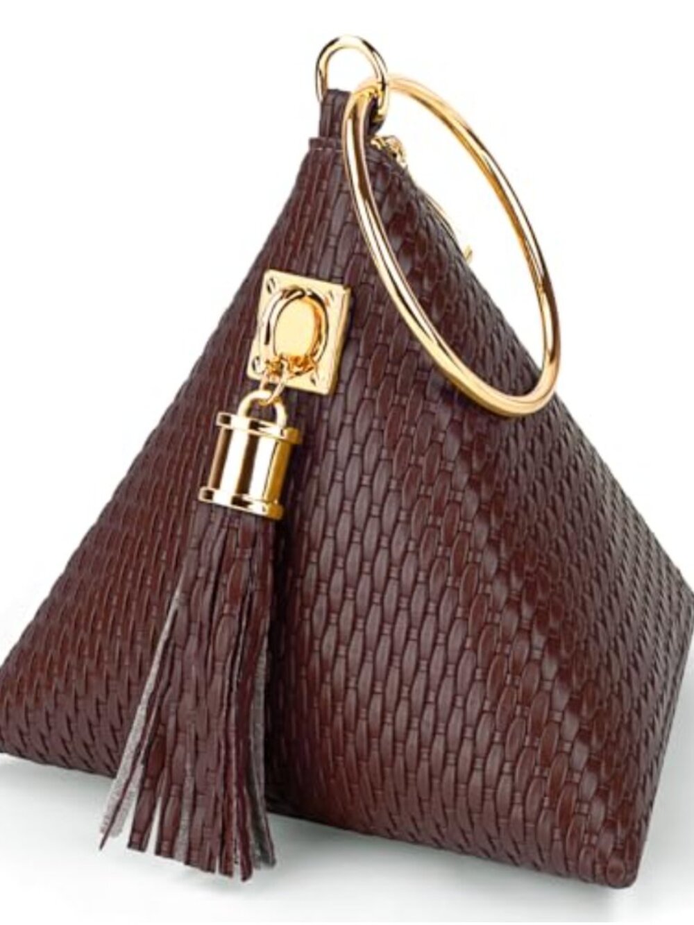 PU Leather Triangle Wristlet Clutch Pyramid Evening Bag Tassel Charm